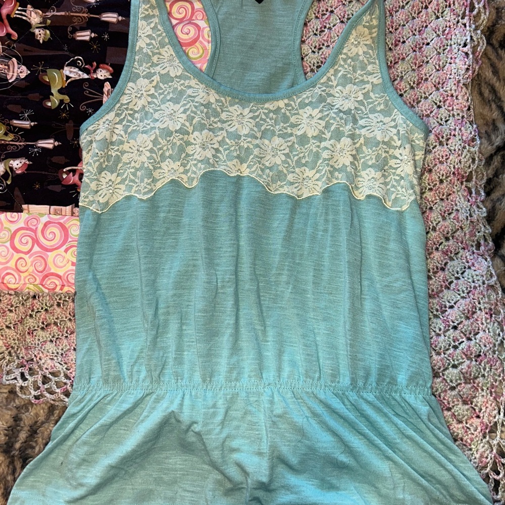 Bebe Teal and Cream Lace Tank Top